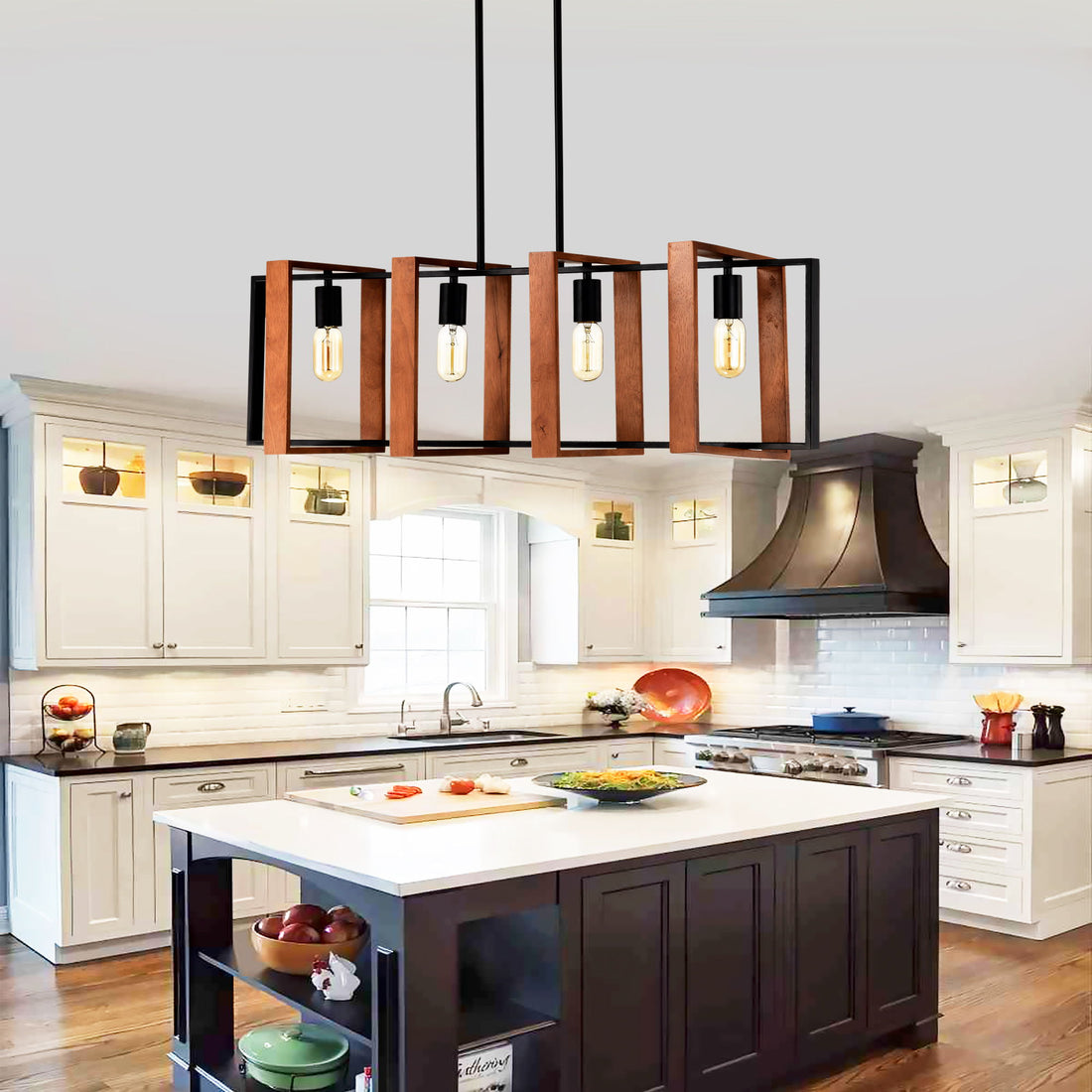 4 Light Kitchen Island Lights Pendant Light Farmhouse Dining Room Light Fixture, Rectangular Chandelier, 36&quot; Hanging Lighting For Living Room, Conference Room, Home Office - Matte Black