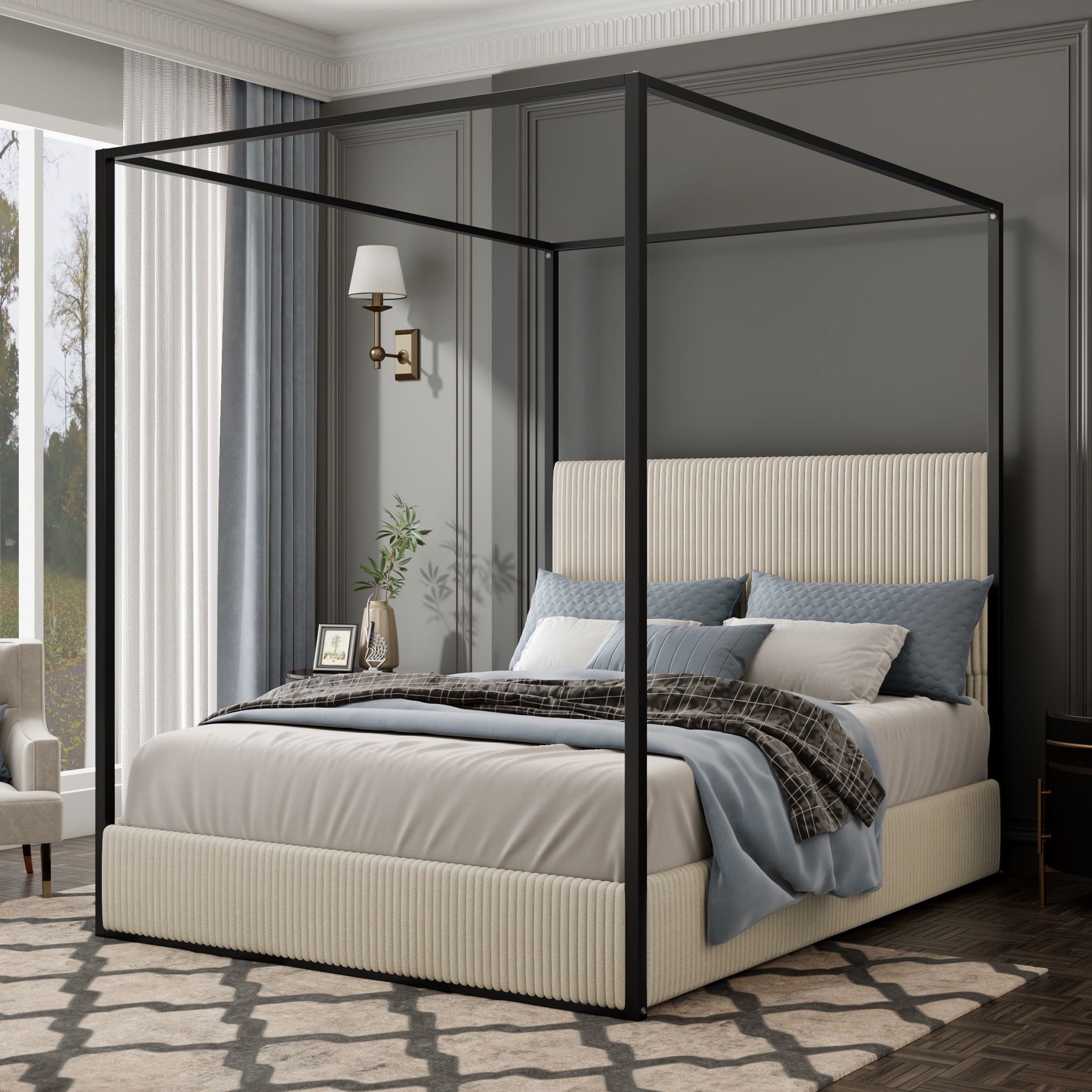 Luxury Canopy Bed With Plush Corduroy Upholstered Headboard