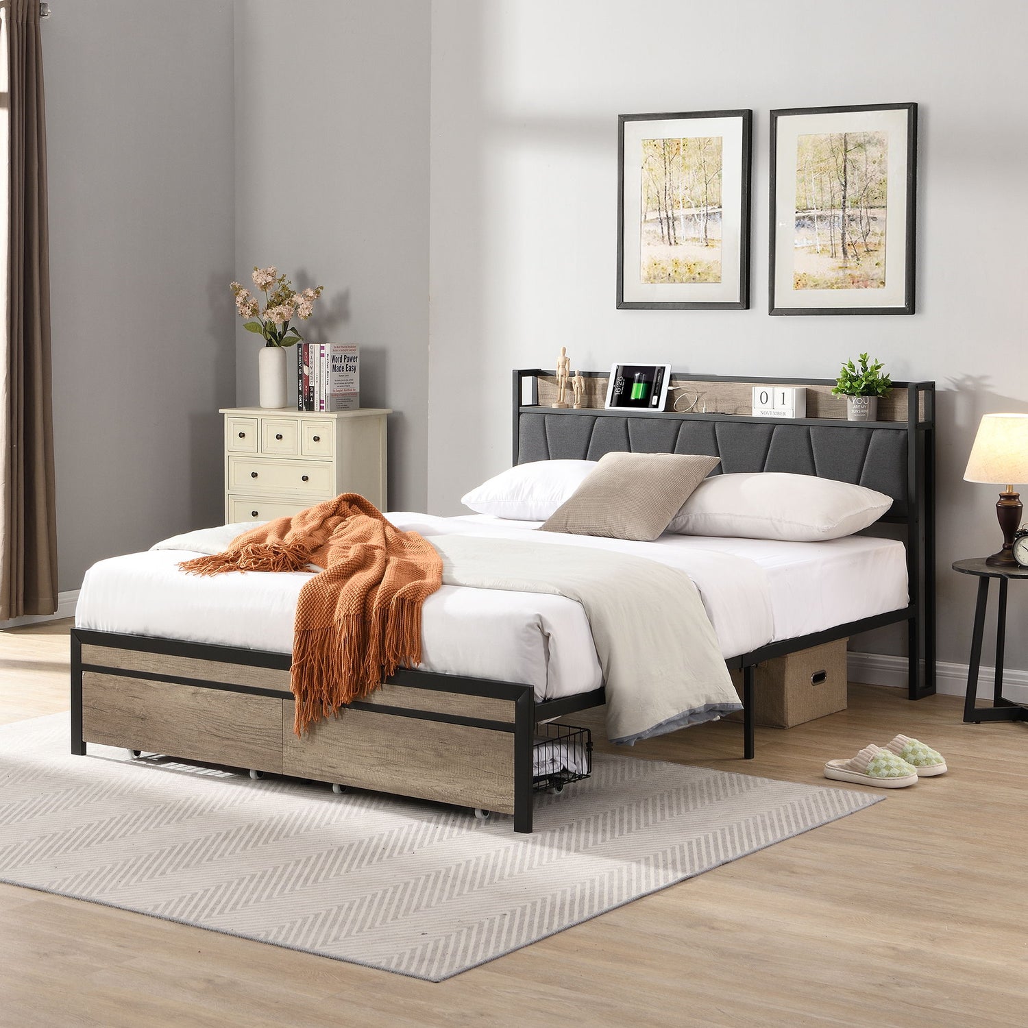 Metal Platform Bed Frame With Upholsteryolstery Storage Function Headboard And USB Liner And Footboard With Drawers, No Box Spring Needed, Large Under Bed Storage