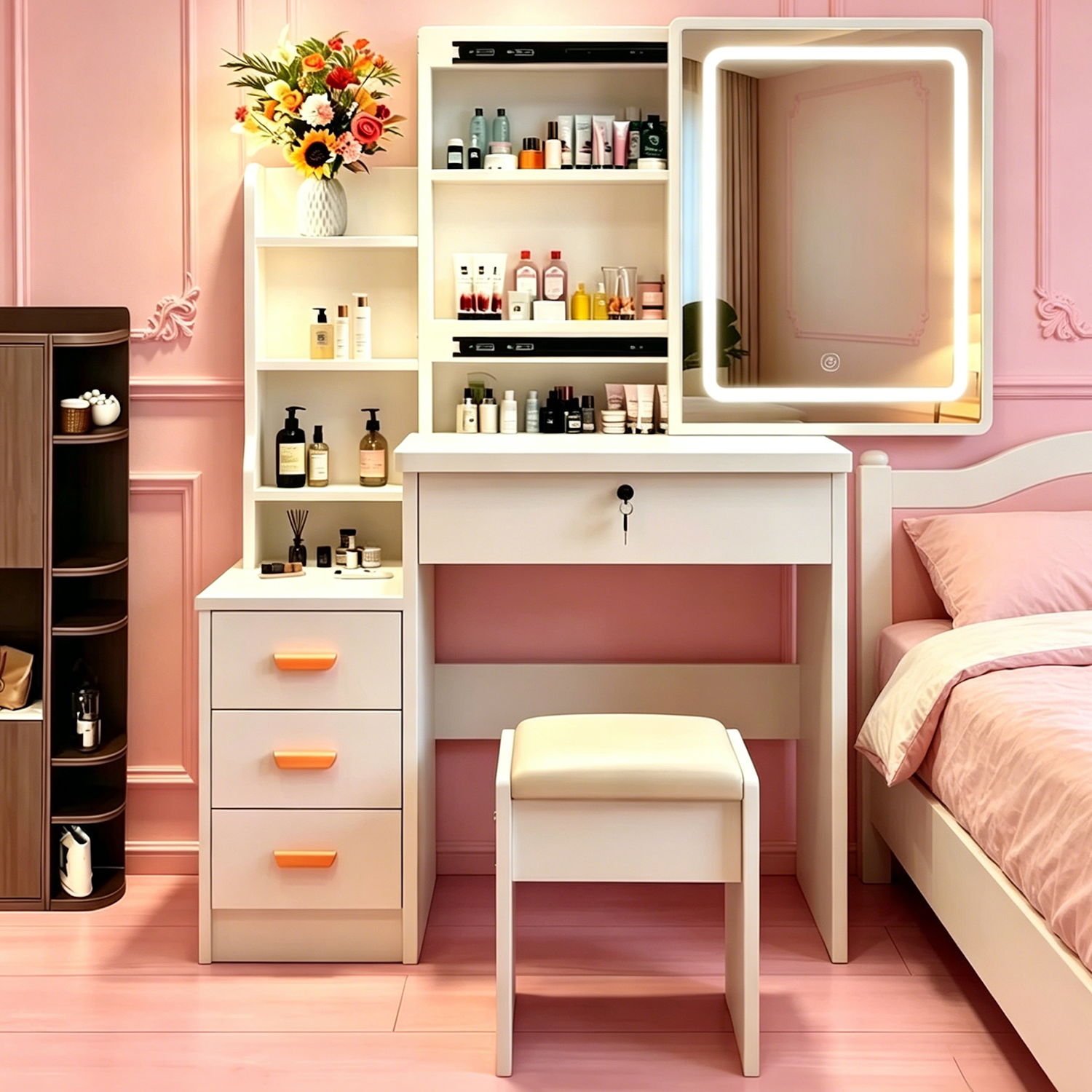 Vanity Set With LED Mirror, Storage Dressing Table &amp; Cushioned Stool - Cream White