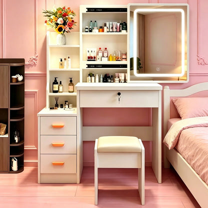 Vanity Set With LED Mirror, Storage Dressing Table &amp; Cushioned Stool - Cream White