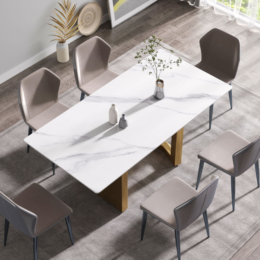 70.87&quot; Modern Artificial Stone Straight Edge Golden Metal Leg Dining Table, Can Accommodate 6-8 People - White / Gold