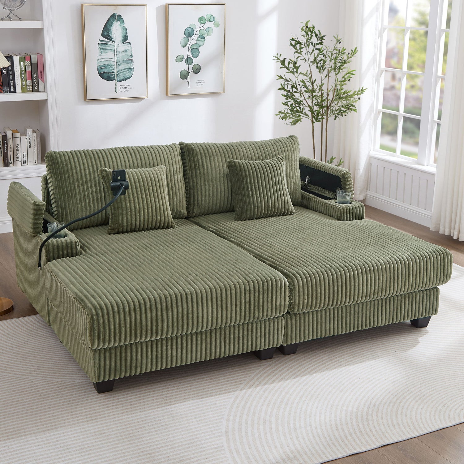 Modern Chaise Sofa With Adjustable Backrest, Cup Holders, Phone Holder &amp; Storage Compartments For Living Room