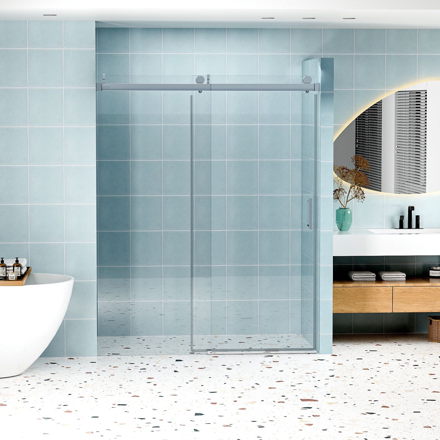 Frameless Soft-Closing Shower Door, 1/4&quot; (6 Mm) Tempered Glass Single Sliding With Explosion Proof Coating