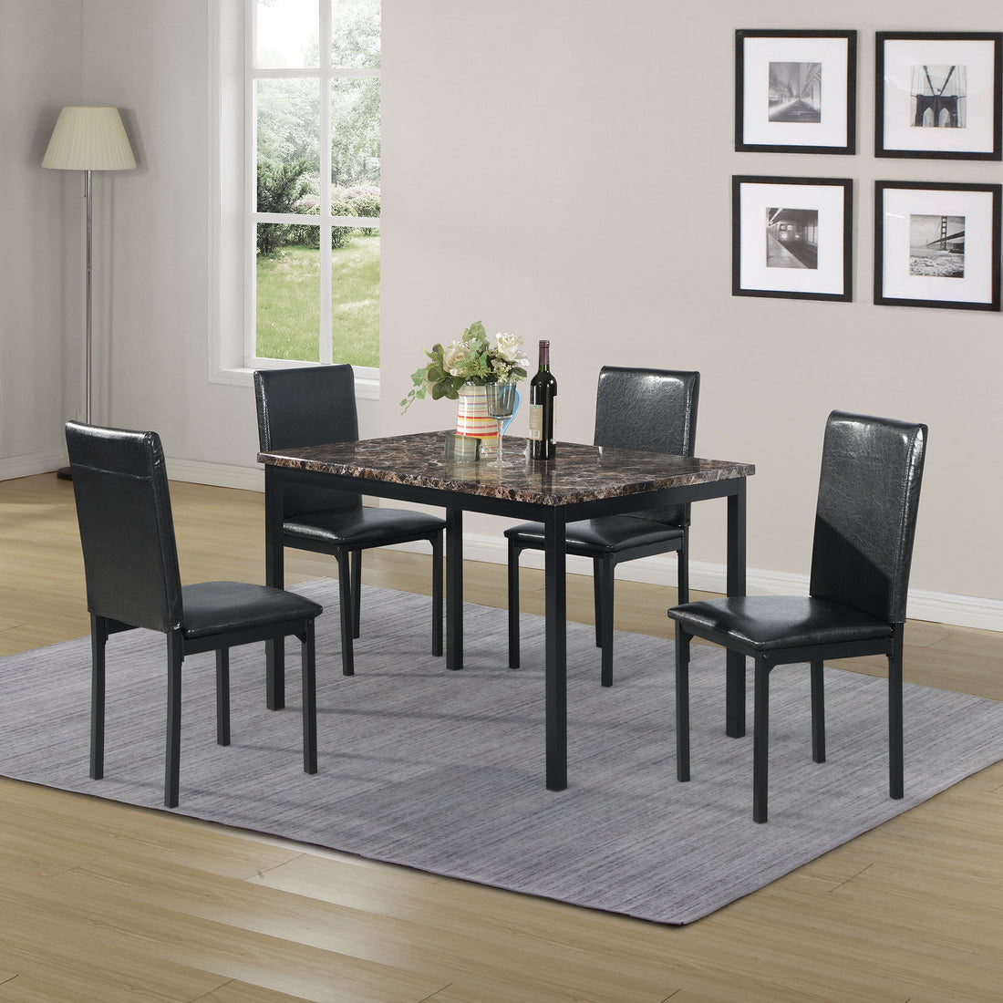5 Piece Dinning Set With Faux Marble Top, Table &amp; 4 Chairs - Black