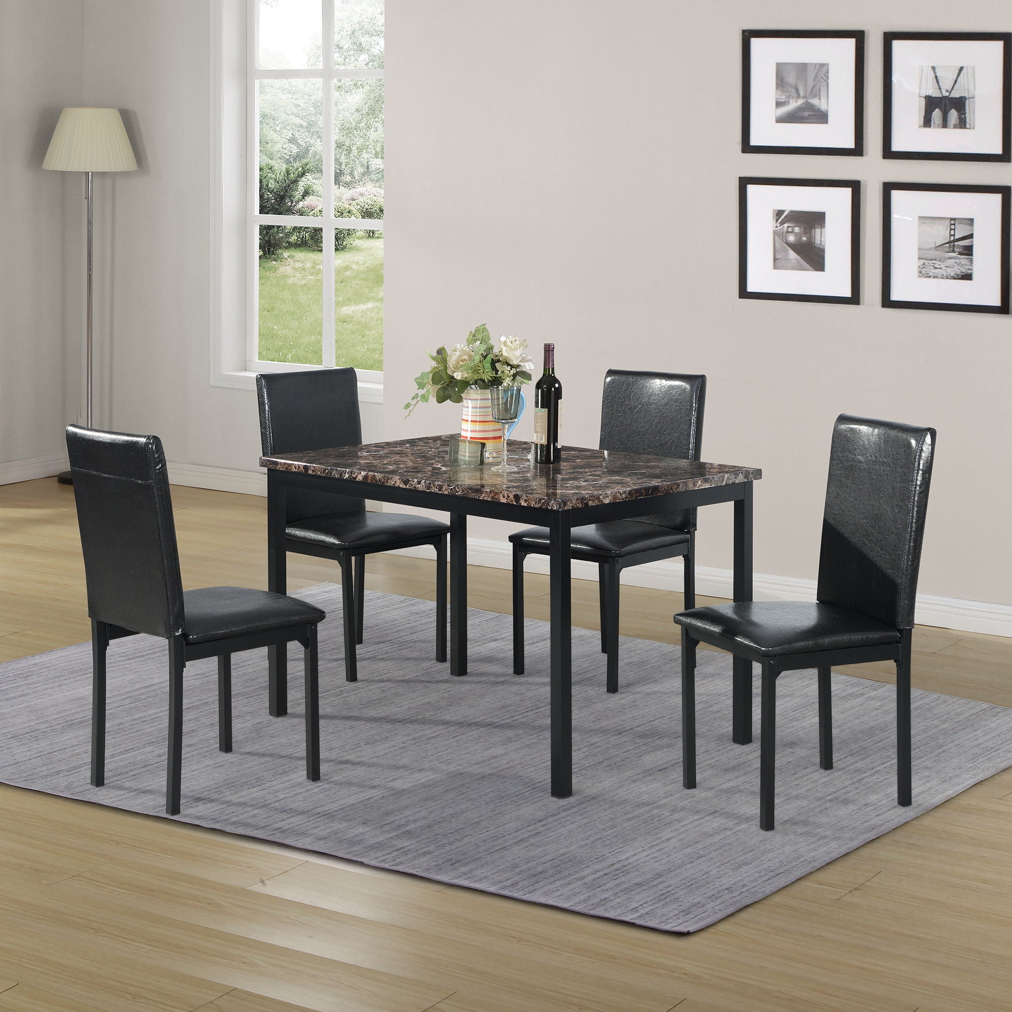 5 Piece Dinning Set With Faux Marble Top, Table &amp; 4 Chairs - Black