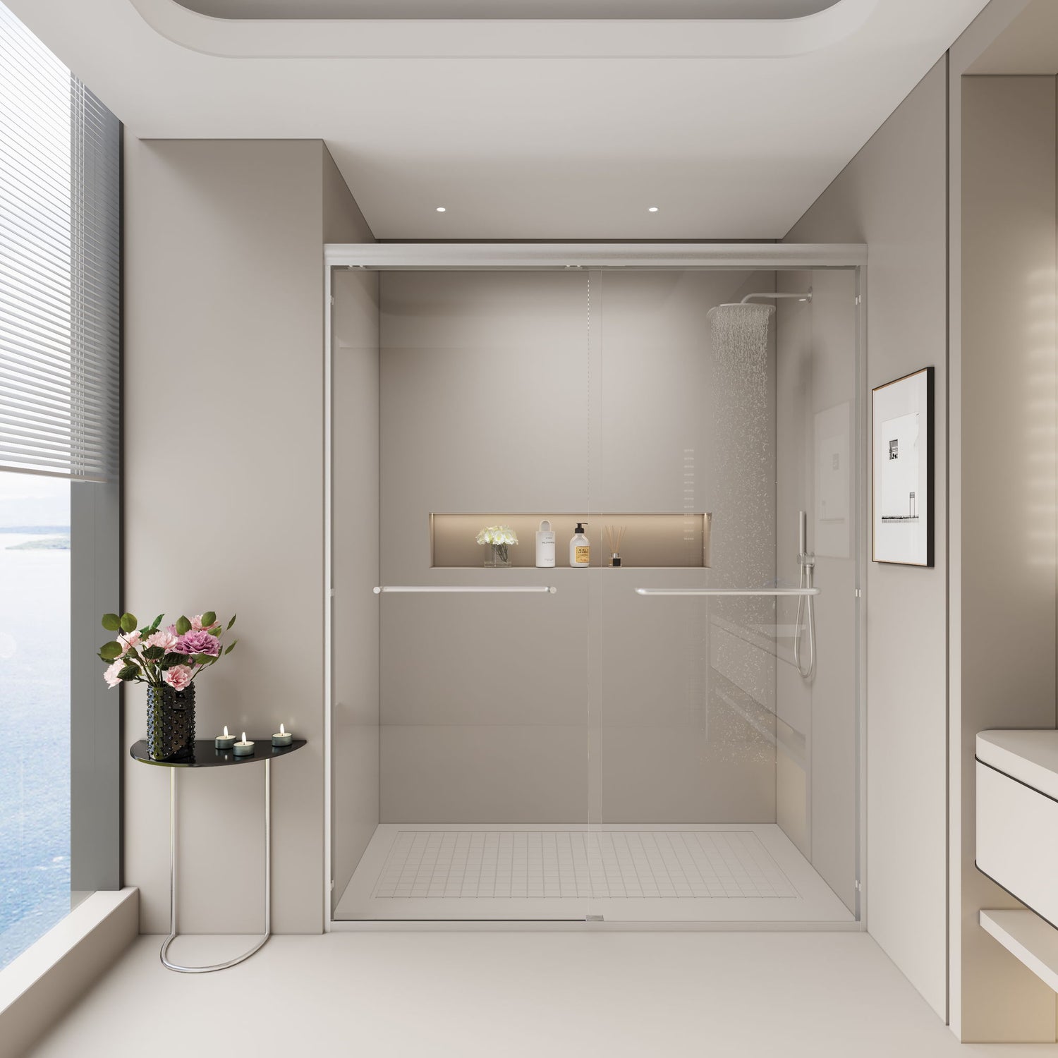 Double Sliding Shower Door, Semi-Frameless Bypass Bathroom Sliding Door With 1/4&quot; (6 Mm) Tempered Glass For Walk-In Shower