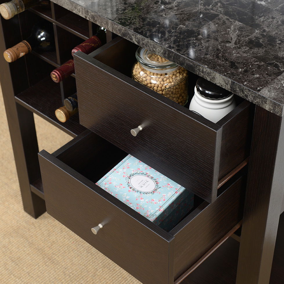 Bakers Cabinet With Three Display Shelves, Wine Compartment &amp; Two Drawers - Red Cocoa