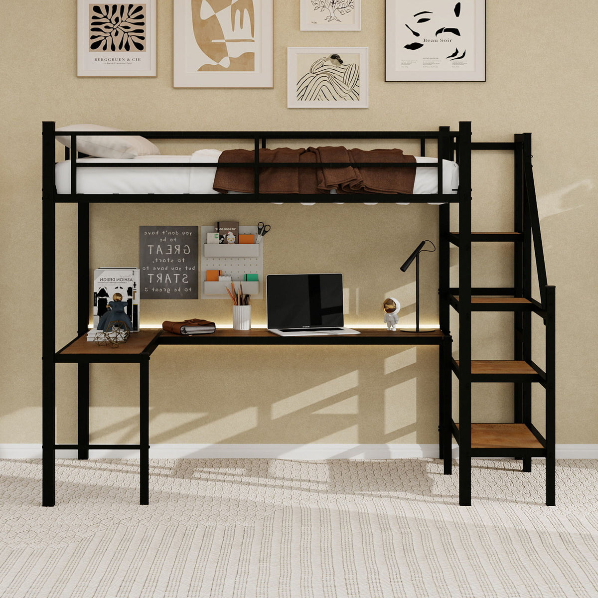 Loft Bed &amp; L-Shaped Desk, Large Storage Space