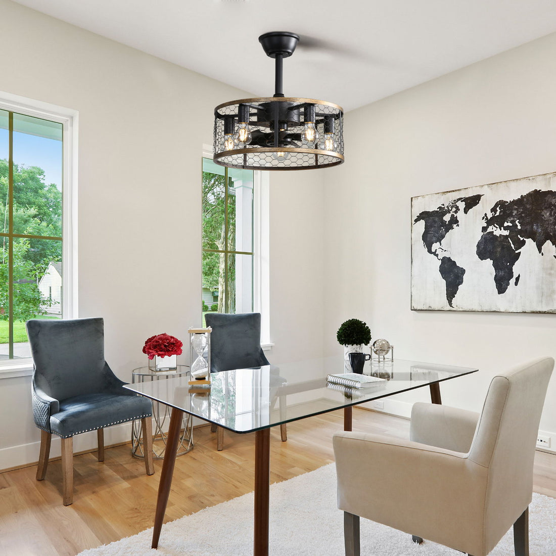 20&quot; Industrial Caged Ceiling Fan With 7 - ABS Blades Remote Control, Small Ceiling Fan Reversible DC Motor - Black