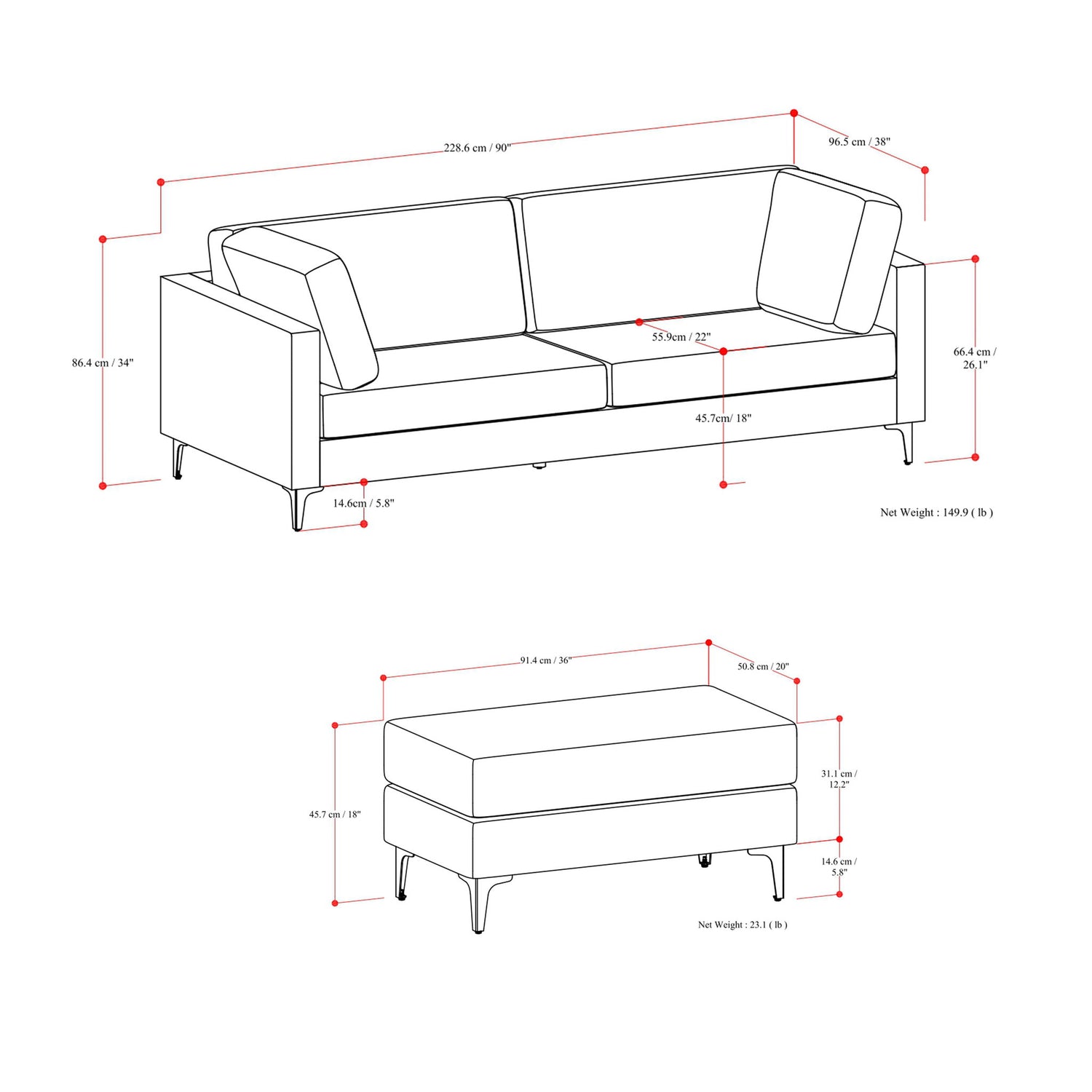 Ava - Mid Century Sofa With Ottoman Set