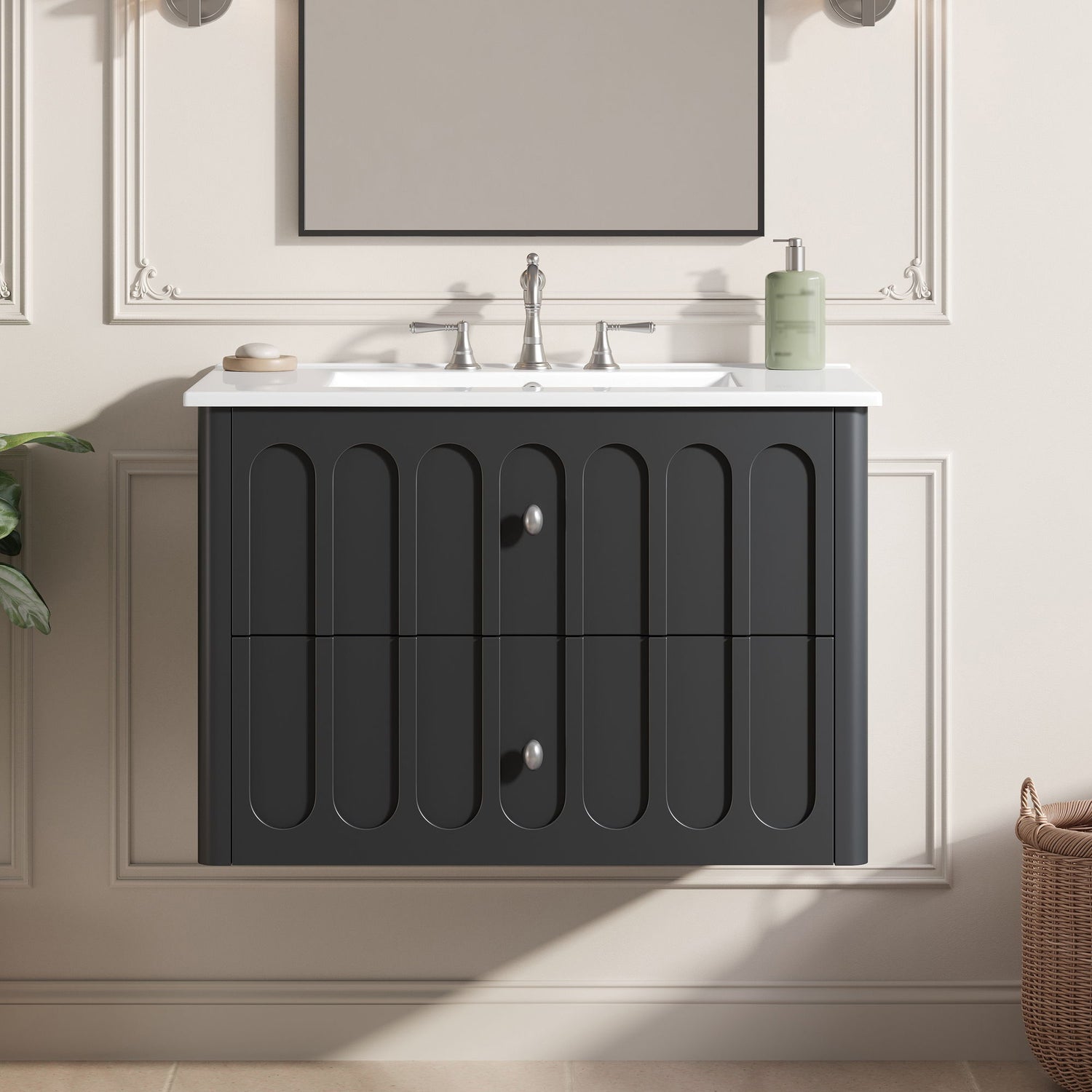 Floating Bathroom Vanity With Oval Knobs &amp; Round Edge, Soft Close Drawer Slides