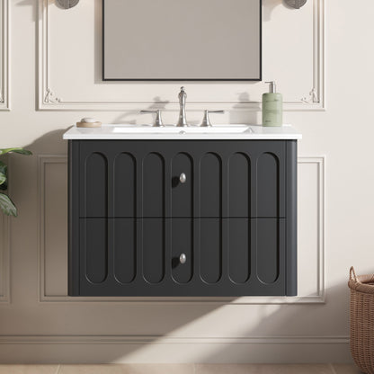 Floating Bathroom Vanity With Oval Knobs &amp; Round Edge, Soft Close Drawer Slides