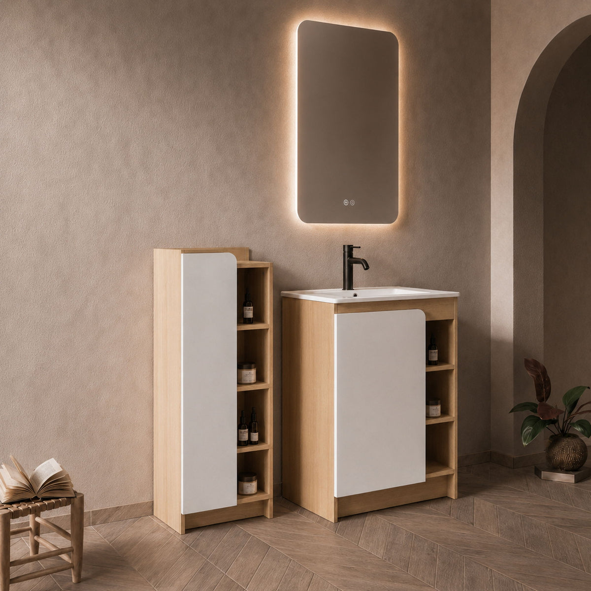 24" Bathroom Vanity With Sink &amp; Tall Bathroom Cabinet, Vanity Set With Thin Edge Sink &amp; Interchangeable Door Panels - Black / Light Oak / White