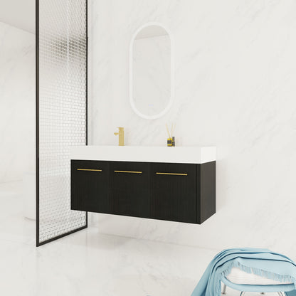 Contemporary 48&quot; Wall Mounted Bathroom Vanity With Resin Sink And Soft Closing Doors And Line - Black Chestnut