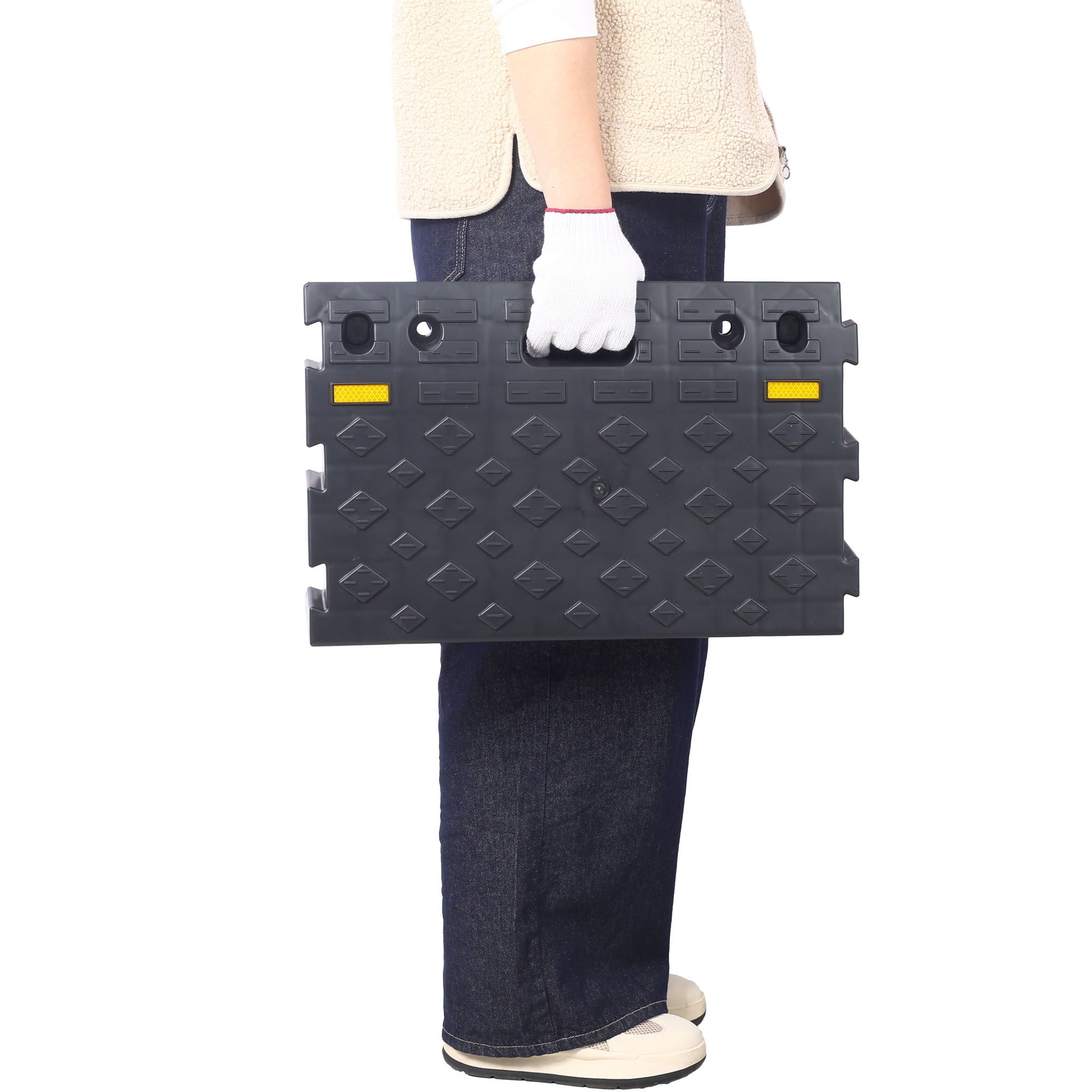 Heavy Duty Plastic 4&quot; High Portable Automotive Curb Ramp For Cars &amp; Wheelchairs Interlocking Design - Black