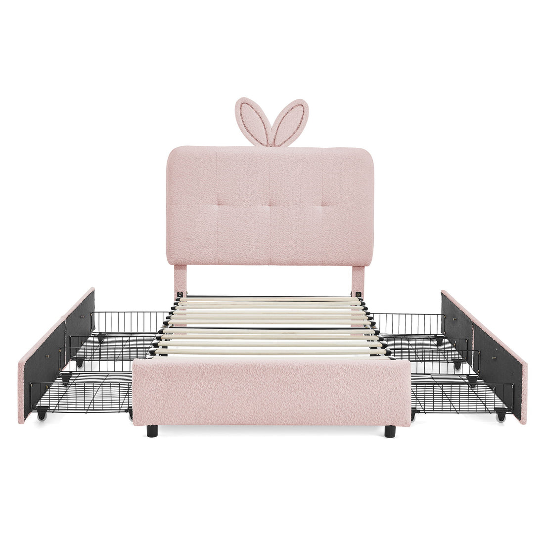Upholstered Bed With Oversized Rabbit Ear Headboard, LED Lights &amp; 4 Storage Drawers