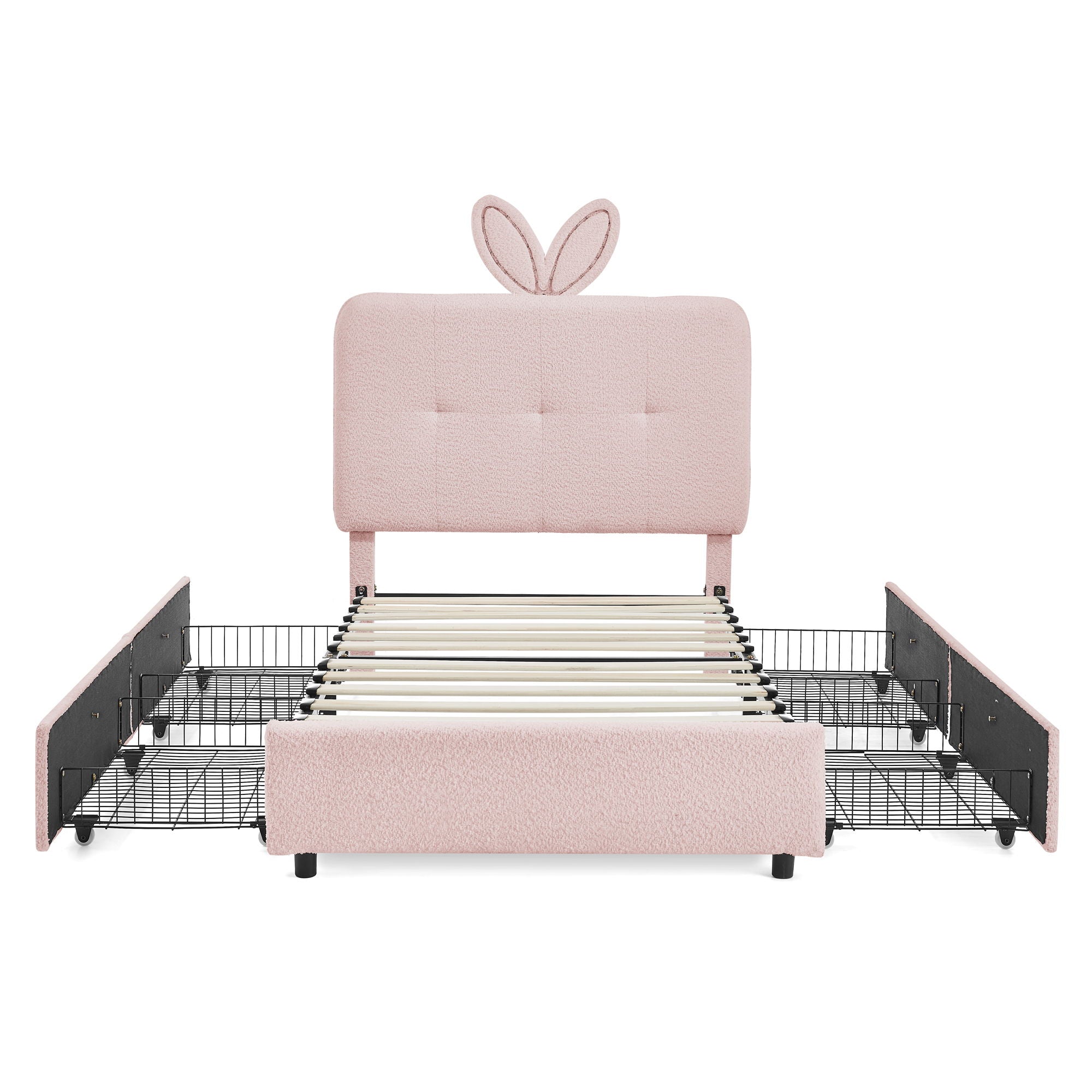 Upholstered Bed With Oversized Rabbit Ear Headboard, LED Lights &amp; 4 Storage Drawers