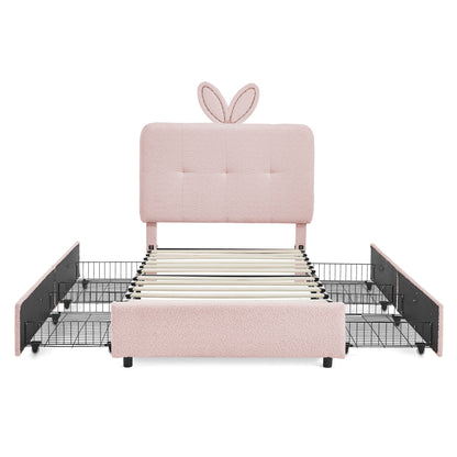 Upholstered Bed With Oversized Rabbit Ear Headboard, LED Lights &amp; 4 Storage Drawers