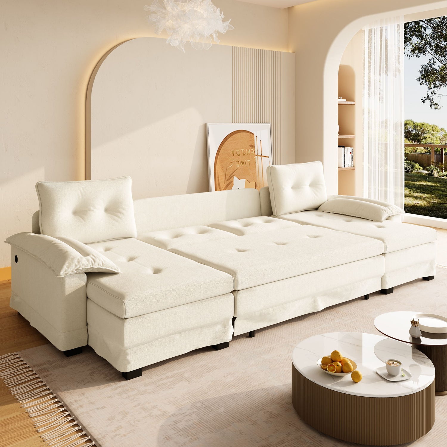 U-Shaped Sleeper Sofa With Pull Out Bed, Removable Armrests &amp; USB Ports For Living Room