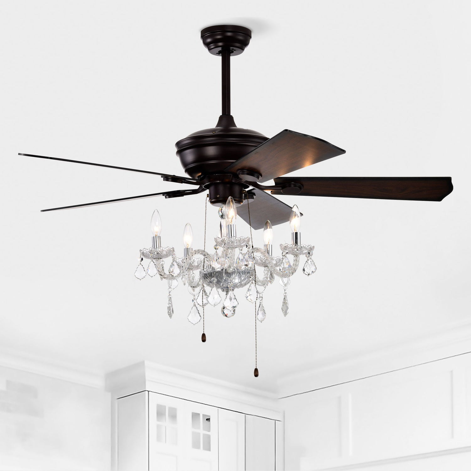 52&quot; Crystal Shade Ceiling Fan Lamp, 3 Speed, 4 Timing, 5 Reversible Blades Crystal Ceiling Fan, 5 Pieces X E12 (No Include Bulb), Hand Pull Chain - Matte Black