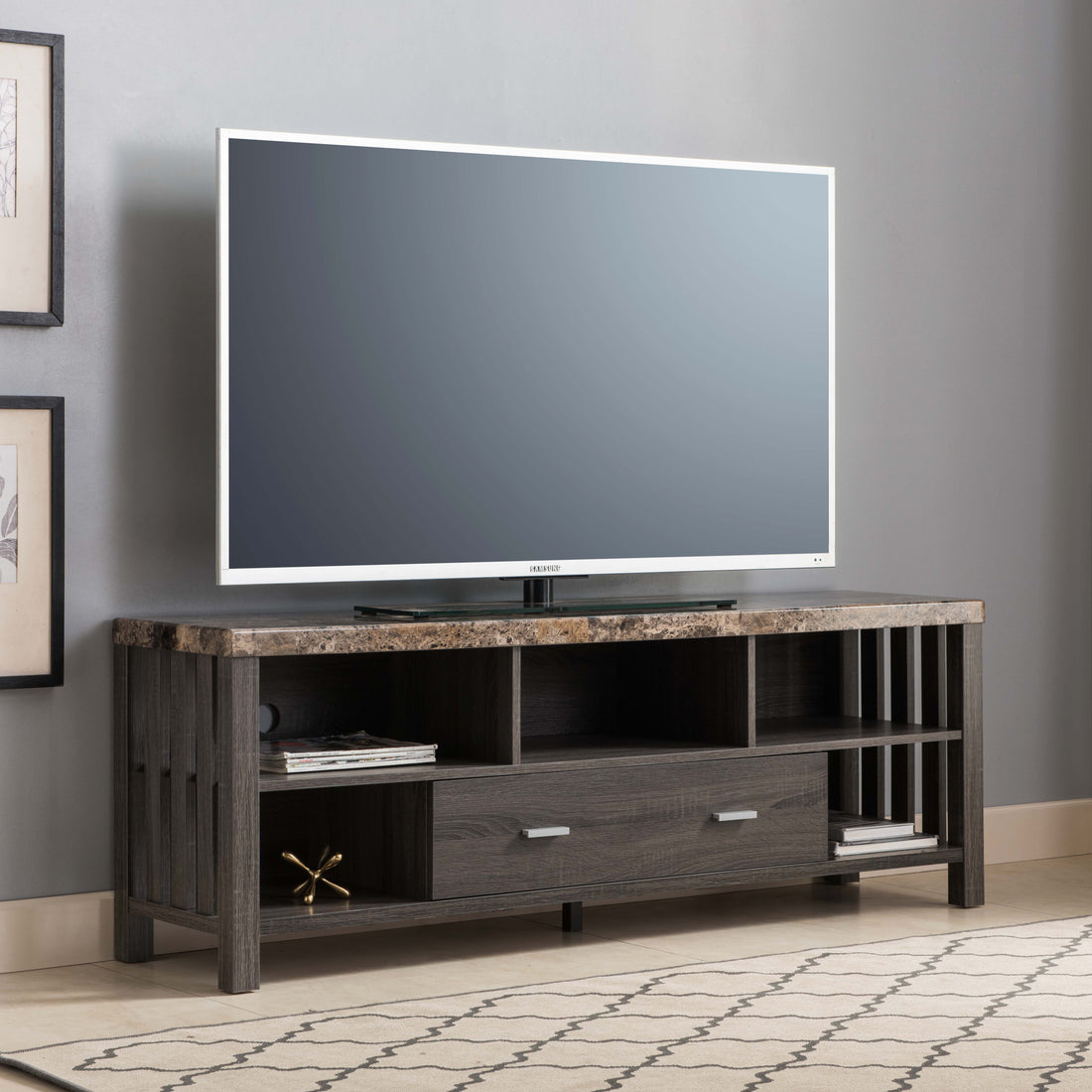 Home, Livingroom TV Stand With Drawer &amp; Five Open Shelves - Faux Marble YelloWith Distressed Gray