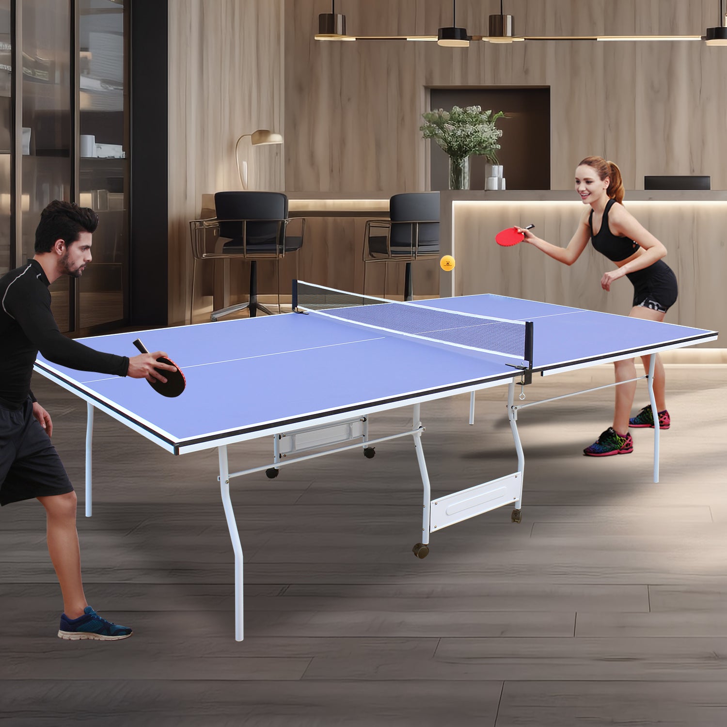 9ft Mid-Size Table Tennis Table Foldable &amp; Portable Ping Pong Table Set for Indoor Games with Net, 2 Table Tennis Paddles and 3 Balls