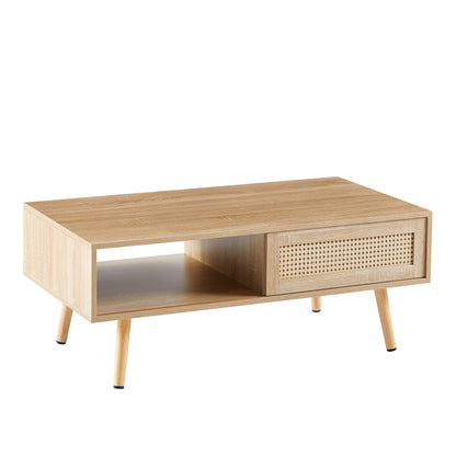 41.34&quot; Rattan Coffee Table, Sliding Door For Storage, Solid Wood Legs, Modern Table For Living Room