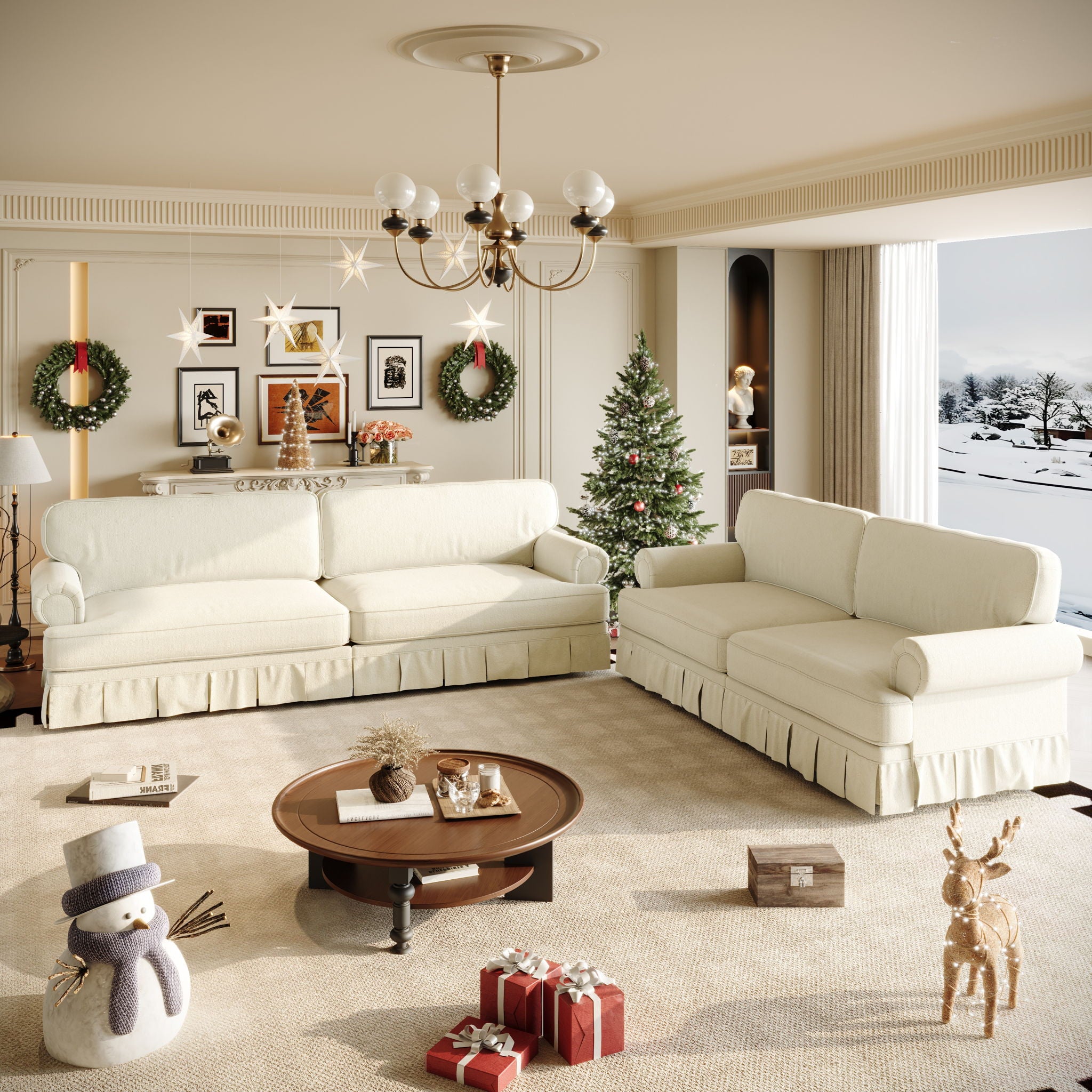 Luxuriously Comfortable Cloud Couch With Elegant Rolled Arms &amp; Pleated Skirt Design