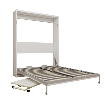 Queen Size Wall Mounted Murphy Bed With Manual Height Adjustable Desk, Cabinet &amp; Frame &amp; Computer Desk - White