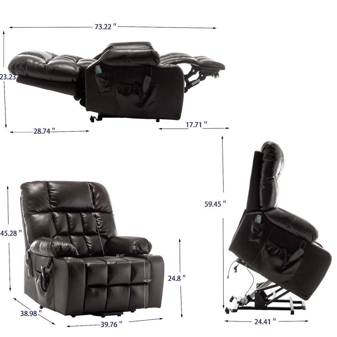 Lift Chair With Heat &amp; Massage, 2 Pockets, 2 Cup Holders, Dual Remote - Wine Red