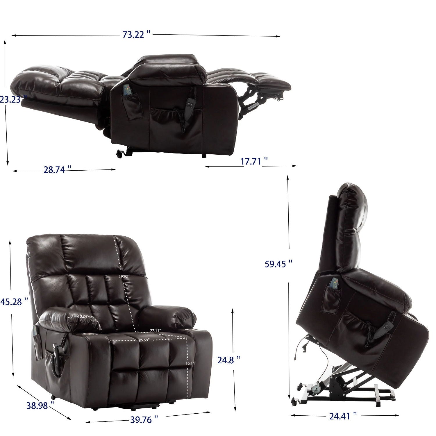 Lift Chair With Heat &amp; Massage, 2 Pockets, 2 Cup Holders, Dual Remote - Wine Red