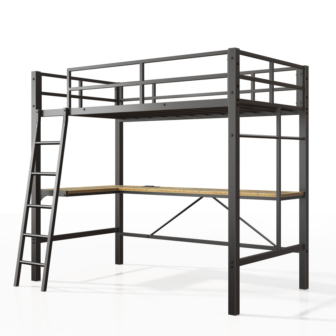 Twin Metal Loft Bed With L - Shaped Desk, Charging Station Loft Bed Frame Twin Size, Safety Guard &amp; Ladder, No Box Spring Needed - Black