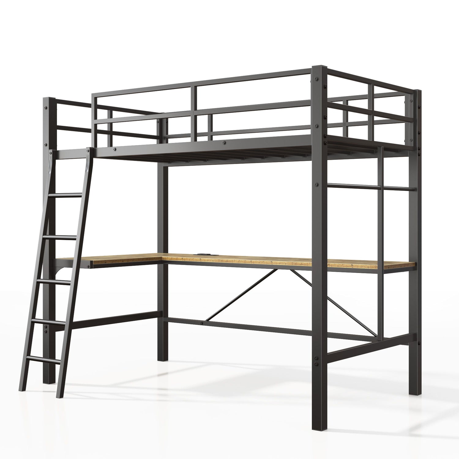 Twin Metal Loft Bed With L - Shaped Desk, Charging Station Loft Bed Frame Twin Size, Safety Guard &amp; Ladder, No Box Spring Needed - Black