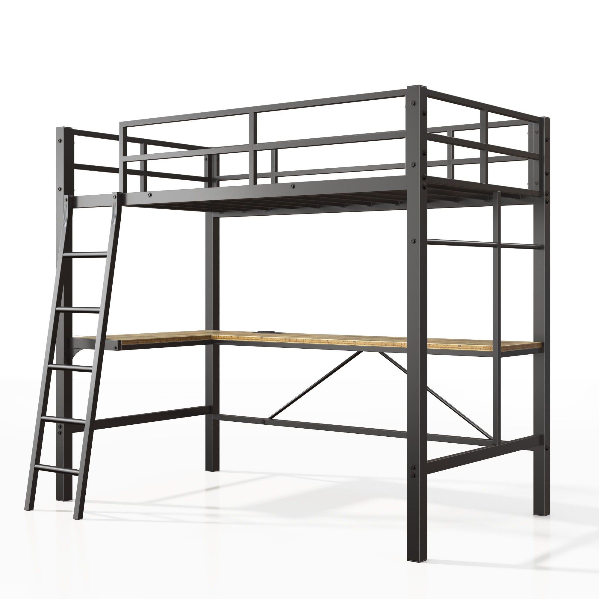 Twin Metal Loft Bed With L - Shaped Desk, Charging Station Loft Bed Frame Twin Size, Safety Guard &amp; Ladder, No Box Spring Needed - Black
