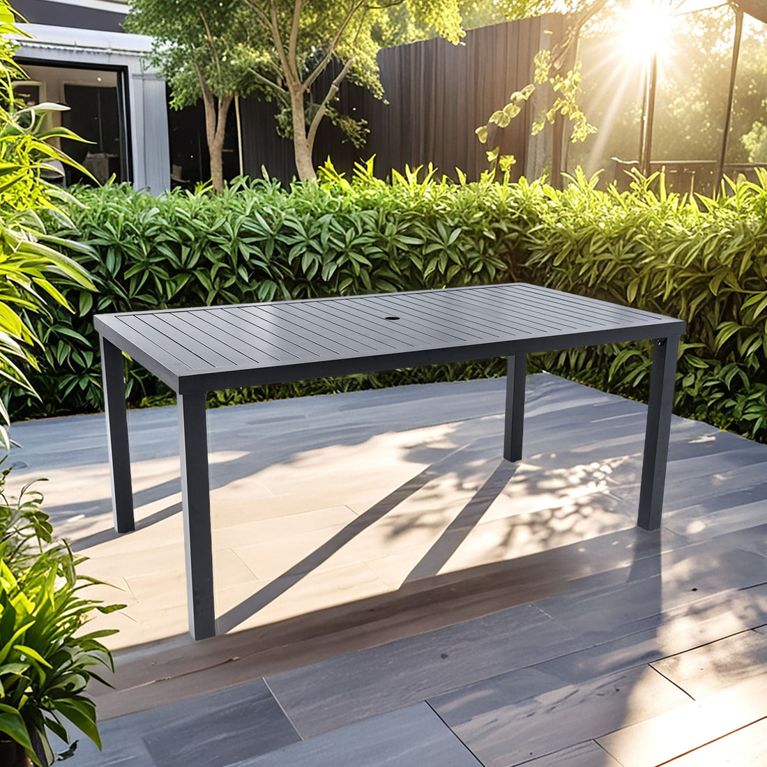Modern Rectangular Outdoor Patio Dining Table With Post Leg Design, Rust Free &amp; Weather Resistant, Adjustable Foot Pads, Umbrella Hole With Matching Cover - Ember Black