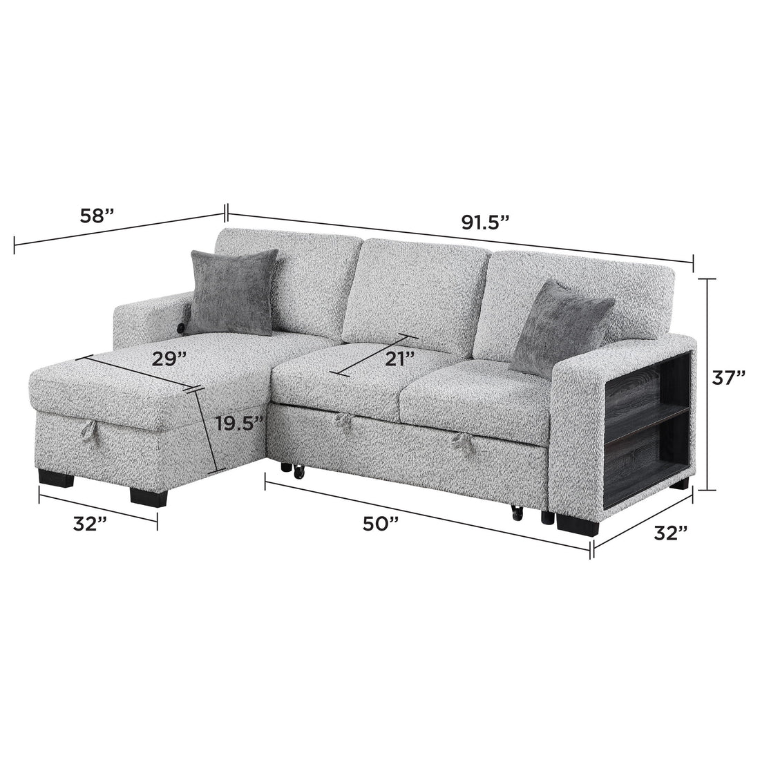 Buzz - Reversible Sleeper Sectional Sofa With Storage Chaise, Console Arm, USB Charging &amp; Cup Holders - Gray