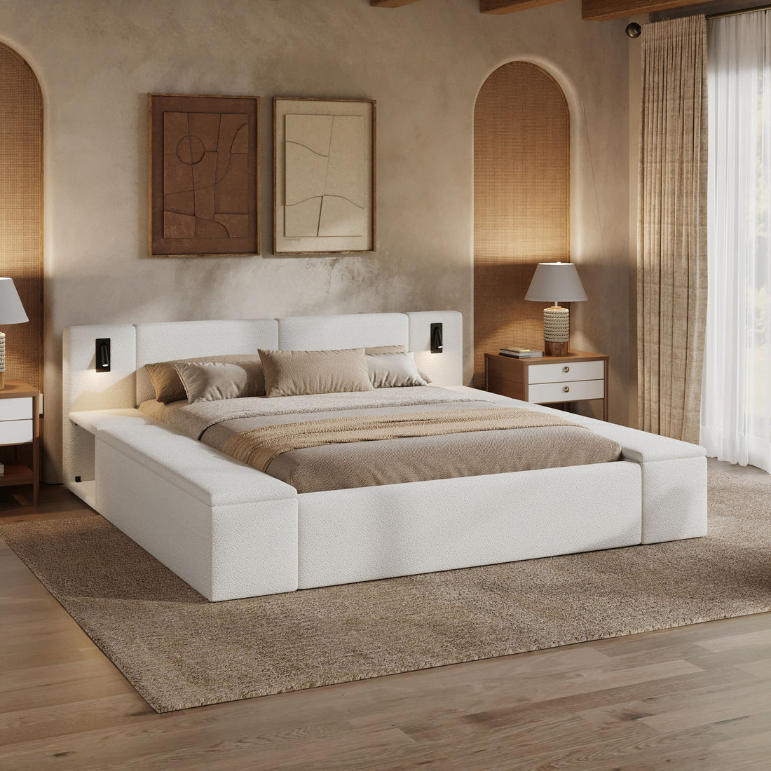 Upholstered Platform Bed Frame With Hidden Storage, Built-In Nightstands &amp; LED Reading Lights
