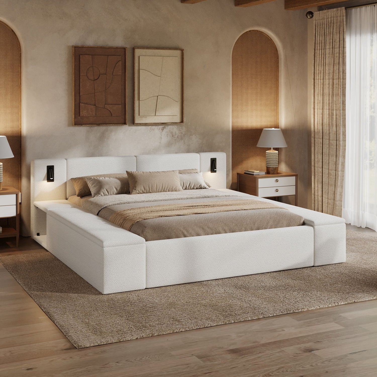 Upholstered Platform Bed Frame With Hidden Storage, Built-In Nightstands &amp; LED Reading Lights