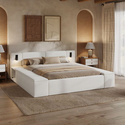 Upholstered Platform Bed Frame With Hidden Storage, Built-In Nightstands &amp; LED Reading Lights