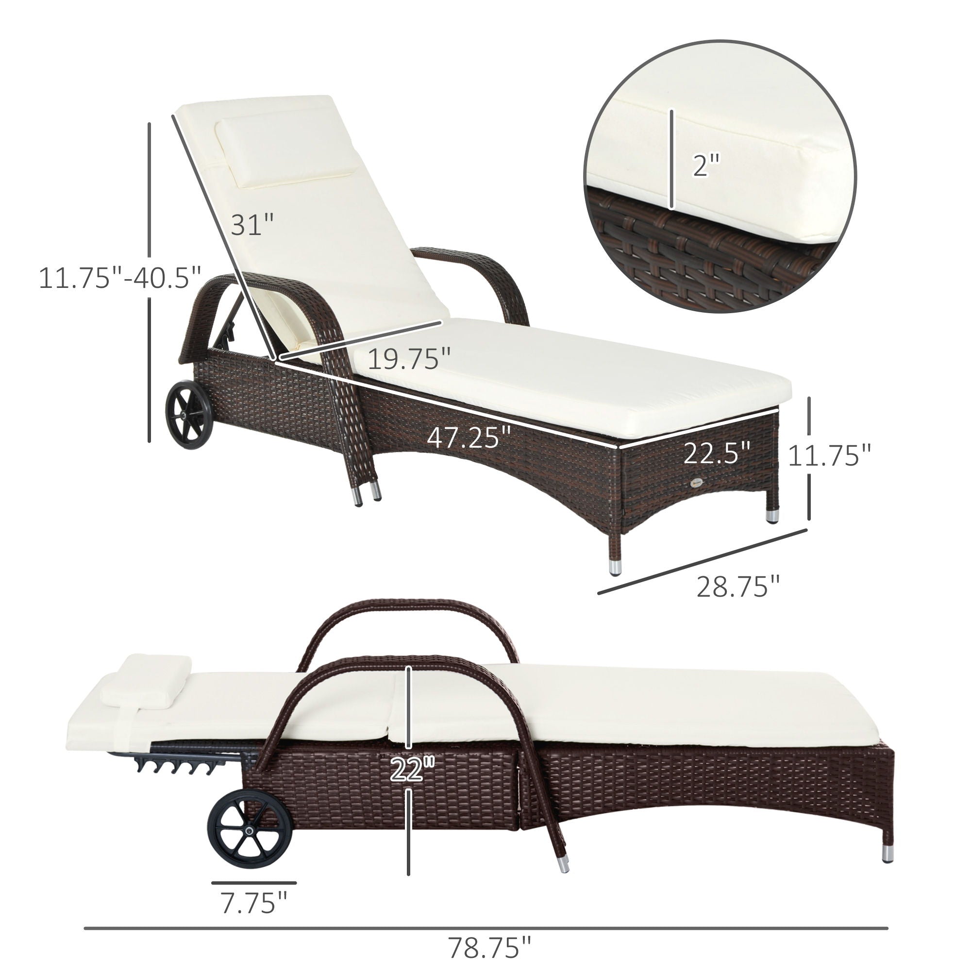 Outsunny - Wicker Outdoor Chaise Lounge, 5-Level Adjustable Backrest Pe Rattan Pool Lounge Chair With Wheels, Cushion &amp; Headrest - Brown / Cream White