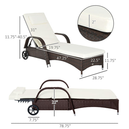 Outsunny - Wicker Outdoor Chaise Lounge, 5-Level Adjustable Backrest Pe Rattan Pool Lounge Chair With Wheels, Cushion &amp; Headrest - Brown / Cream White