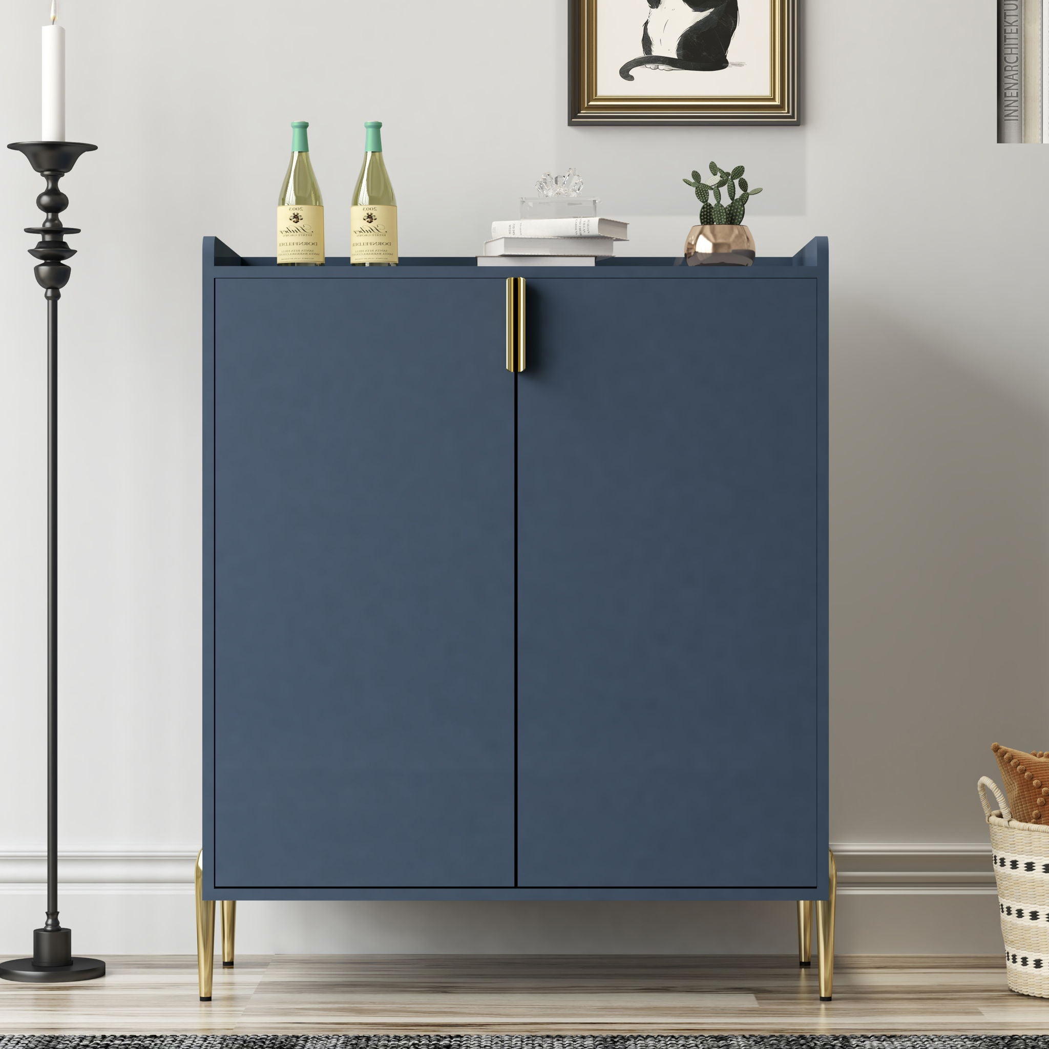 Wine Bar Cabinet With Adjustable Shelf, 2 Door Sideboard With Soft-Closing Hinges And Feet