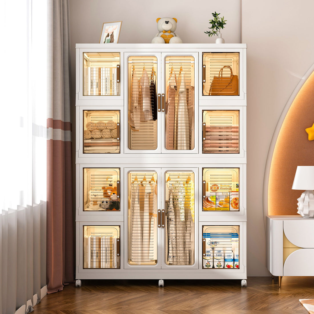 Portable Wardrobe Closet Storage Organizer For Clothes With Magnetic Doors, 12 Cubes &amp; 2 Hanging Rods - White