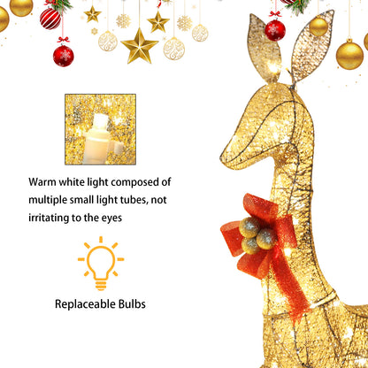 Set of 3 Large Lighted Reindeer Christmas Decorations, 3D Yard Deer Decor Family Set for Indoor or Outdoor Yard Art- with 210 Warm White LED Lights,Christmas Deer Decorations - Gold