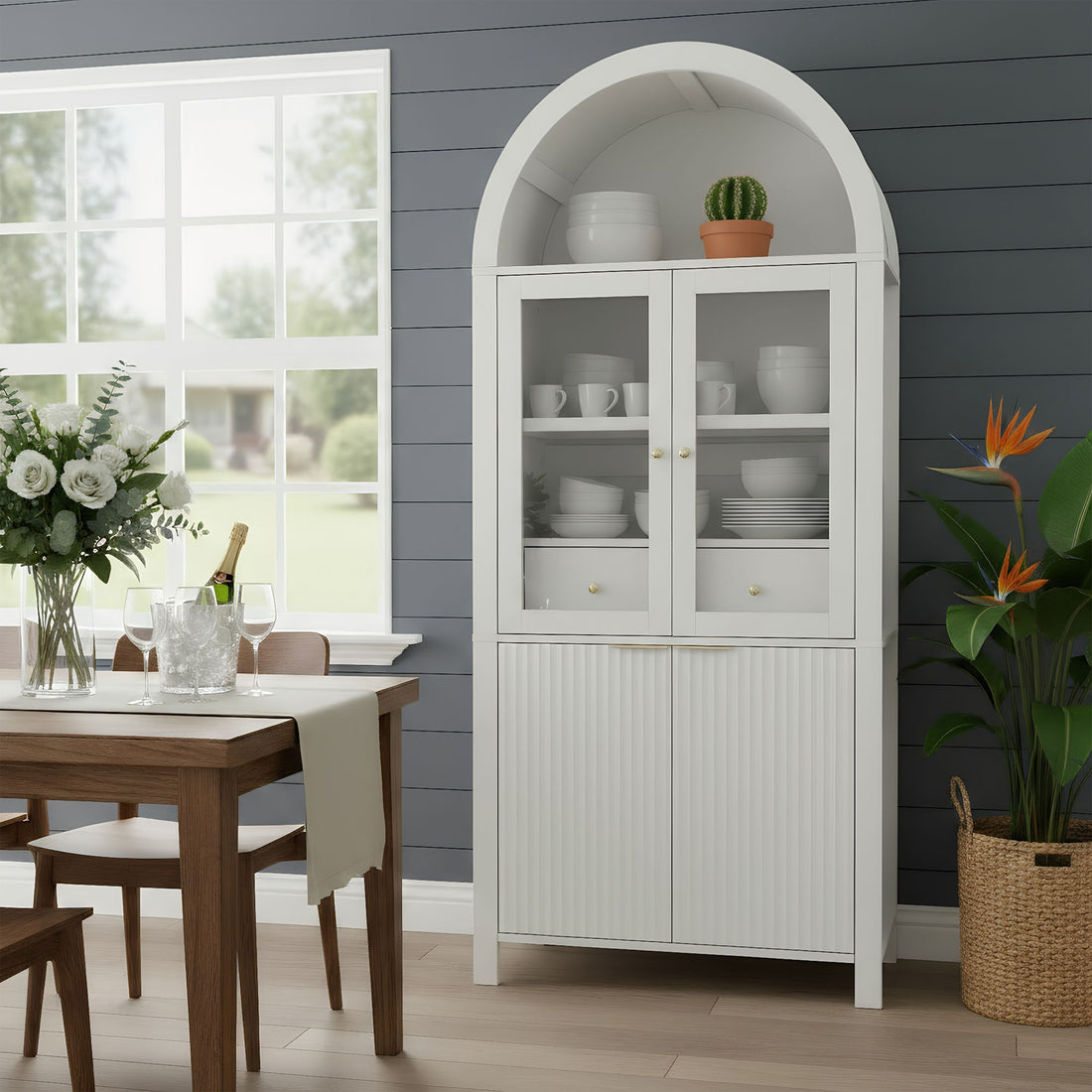 Fluted Tall Arched Pantry Cabinet With Adjustable Shelves, Glass Door &amp; Hidden Drawer For Kitchen