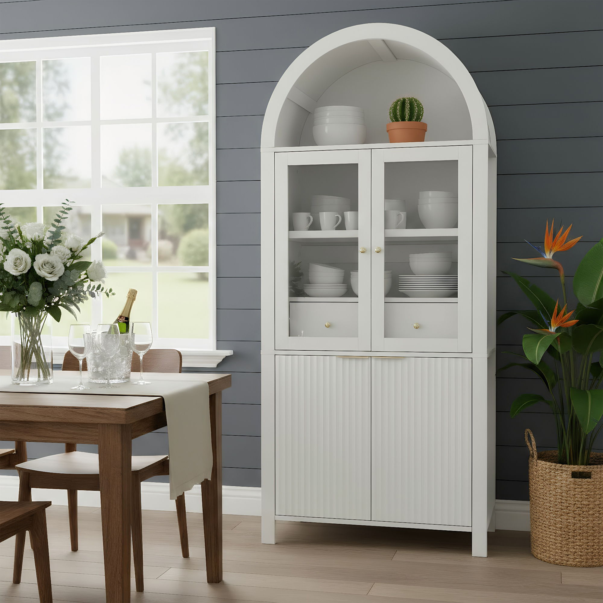 Fluted Tall Arched Pantry Cabinet With Adjustable Shelves, Glass Door &amp; Hidden Drawer For Kitchen
