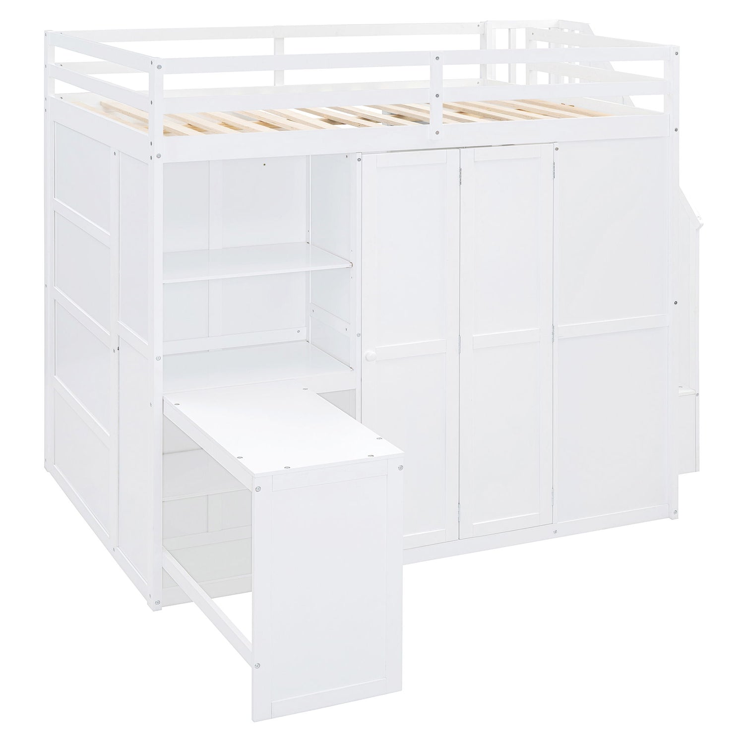 Loft Bed With Wardrobe, Desk And Shelves
