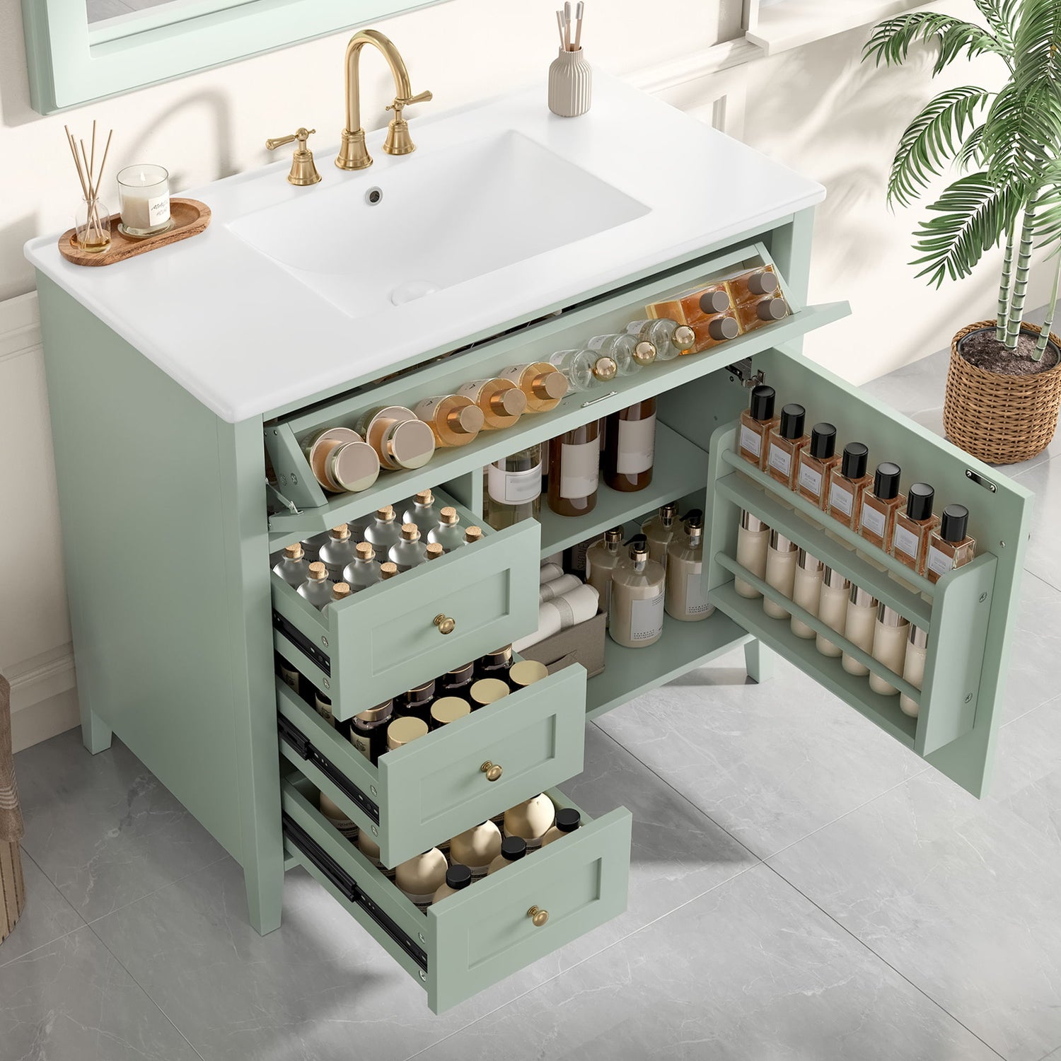Bathroom Vanity With Sink, 3 Drawers &amp; Cabinet With Adjustable Shelves
