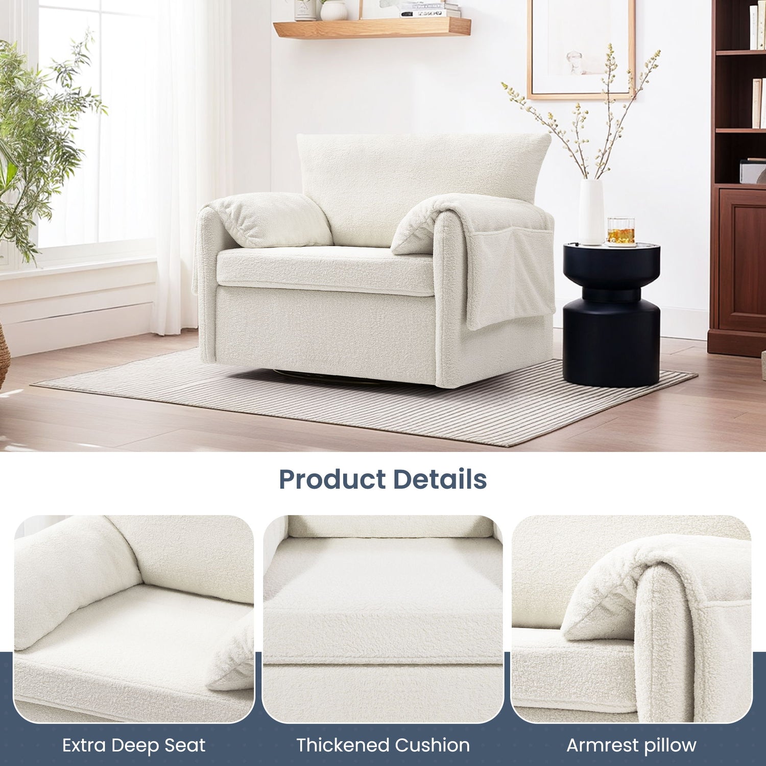 Oversized Swivel Armchair Modern Chair &amp; Single Sofa Lounge, Comfortable Seating For Living Room